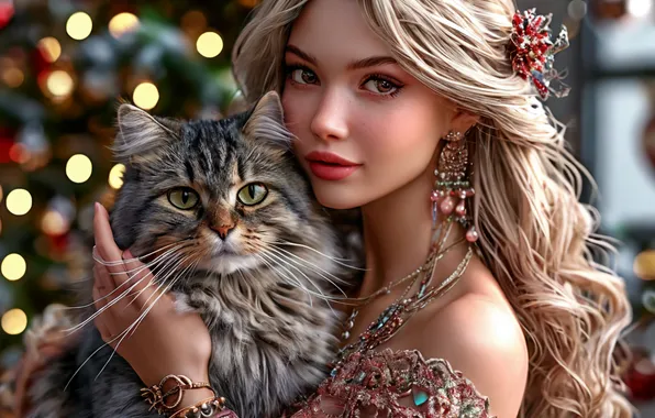 Девушка, Девушки, Кот, Новый год, Елка, Девушка с котом