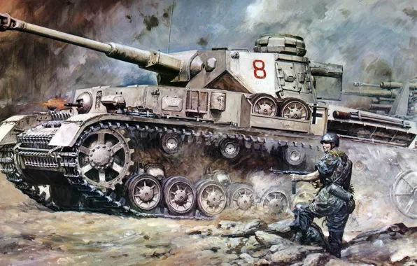 Картинка война, рисунок, арт, солдат, PzKpfw IV, наступление, Panzerkampfwagen IV, T‑IV
