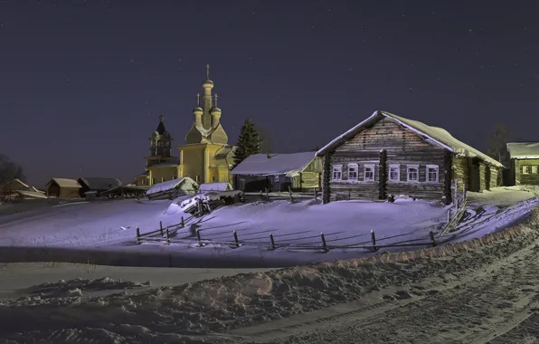 Картинка зима, снег, пейзаж, ночь, природа, дома, деревня, церковь