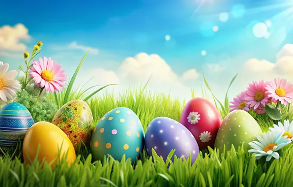 Картинка цветы, яйца, весна, colorful, Пасха, happy, flowers, spring
