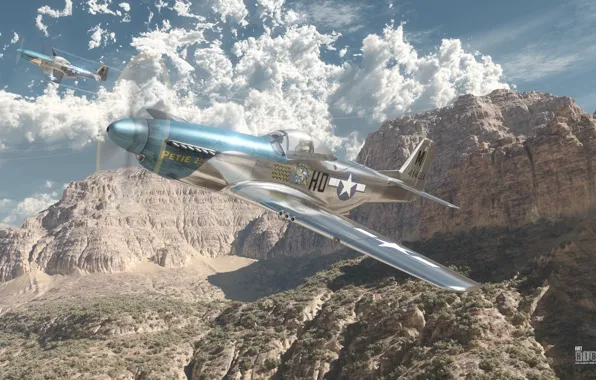 Небо, облака, mustang, истребитель, Арт, американский, P-51D, War Thunder