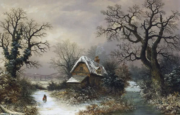 Картинка зима, деревья, пейзаж, дом, арт