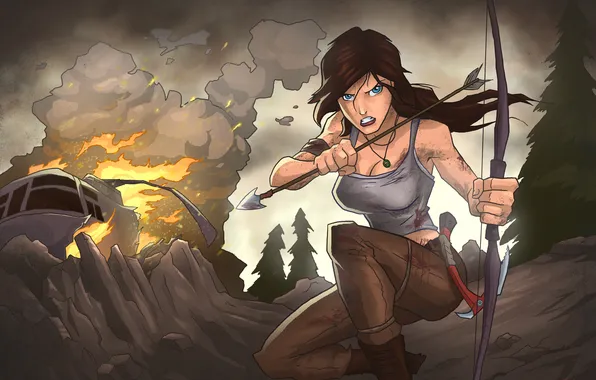 Картинка взгляд, девушка, самолет, огонь, дым, арт, Tomb Raider, лара крофт