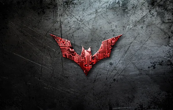 Картинка металл, batman, царапины, logo, микросхемы, comics, Batman beyond, бэтмен будущего