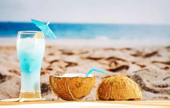 Картинка песок, море, пляж, лето, отдых, кокос, коктейль, summer