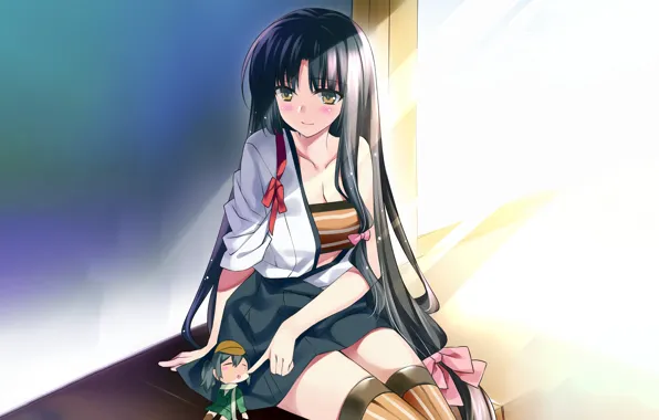 Girl, sexy, cleavage, blouse, thighhighs, long hair, boobs, anime