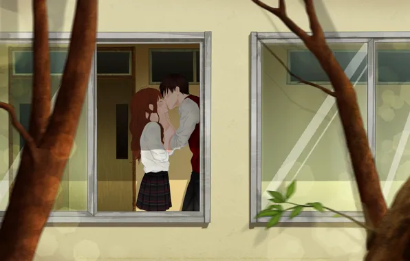 Картинка девушка, деревья, поцелуй, аниме, окно, арт, пара, форма