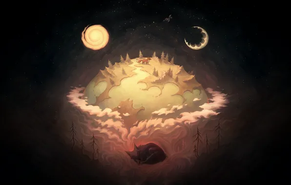 Ночь, Рисунок, Луна, Планета, Лиса, Фон, Арт, Dream