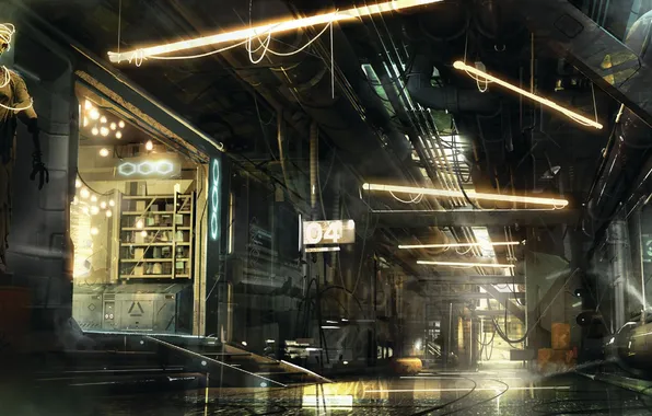 Ночь, улица, арт, киберпанк, concept art, Deus Ex: Mankind Divided