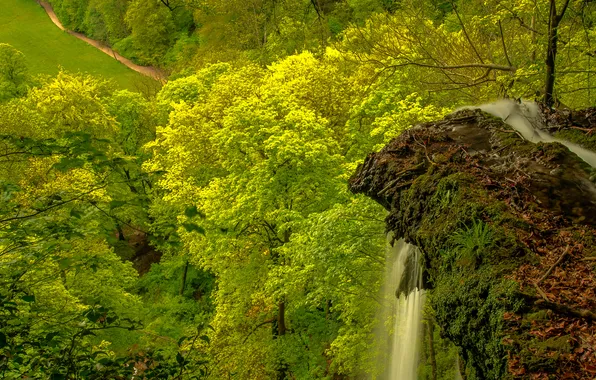 Картинка деревья, скала, гора, водопад, поток, долина