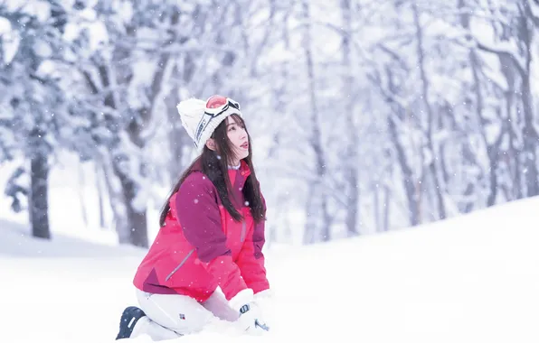 Beautiful, Asian, Model, Winter, Snow, Woman, Cute, Jacket