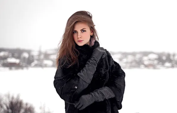 Зима, взгляд, снег, волосы, Девушка, перчатки, причёска, Иван Щеглов