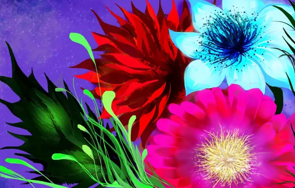 Цветы, рисунок, сиреневый фон, fantasy flowers