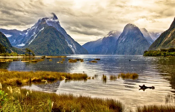 Картинка небо, трава, облака, горы, озеро, новая зеландия, New Zealand