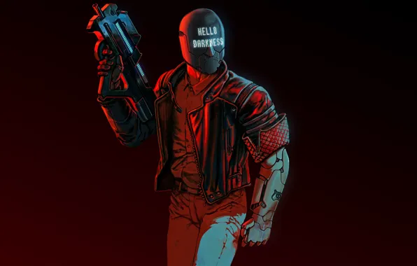 Картинка оружие, фон, арт, шлем, киберпанк, персонаж, шутер, 2017