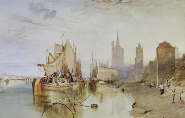 Картинка город, люди, лодка, корабль, Вечер, картина, парус, морской пейзаж