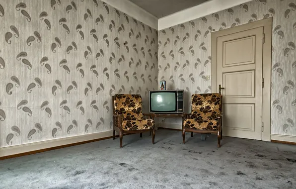 Картинка комната, интерьер, телевизор, кресла