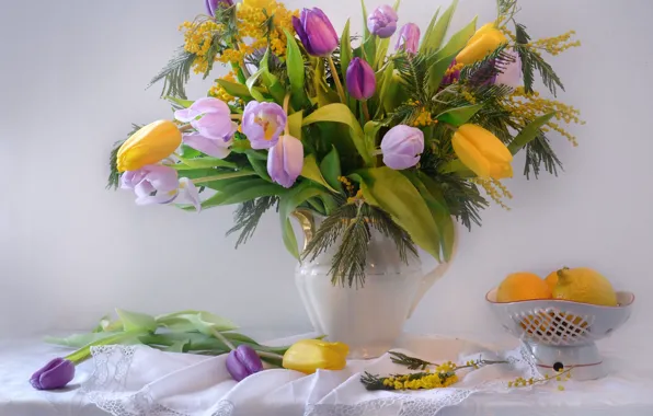 Картинка цветы, букет, весна, тюльпаны, март, праздничный, мимоза, фото натюрморт