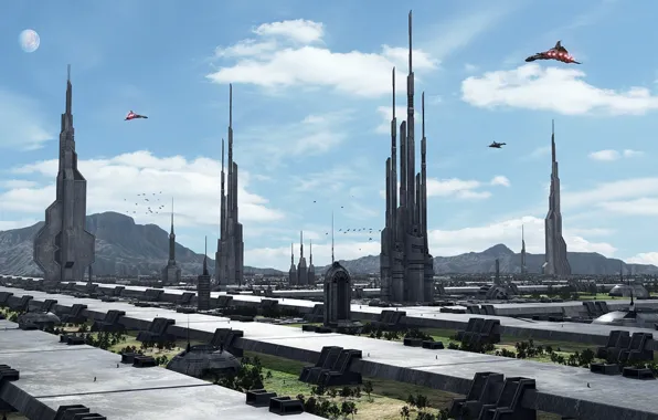 Sky, mountains, clouds, spaceships, towers, green city