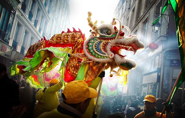 Люди, улица, дракон, Китай, Китайский Новый Год