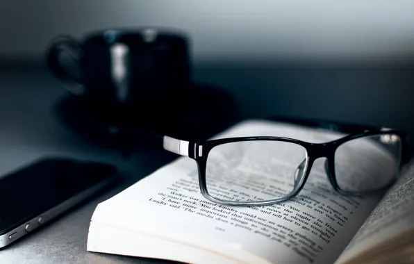 Картинка очки, чашка, черная, книга, страницы, iphone 4