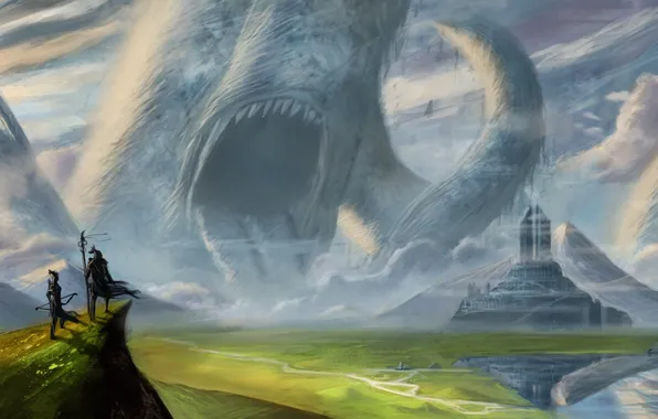 Горы, город, башня, monster