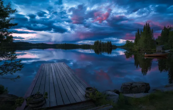Лес, деревья, озеро, отражение, лодка, вечер, Норвегия, мостки