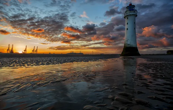 Закат, маяк, Sunrise, ships, burst of colour