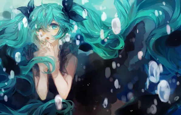 Картинка девушка, пузыри, аниме, арт, vocaloid, hatsune miku, под водой, банты