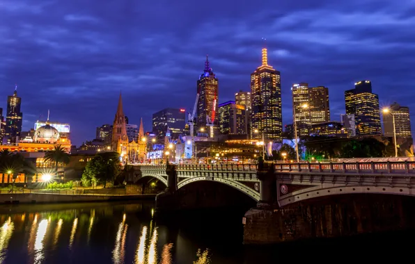 Картинка мост, огни, река, вечер, Австралия, Мельбурн