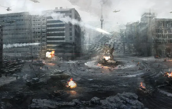 Картинка город, война, вертолеты, германия, танки, берлин, Call of Duty Modern Warfare 3, третья мировая война