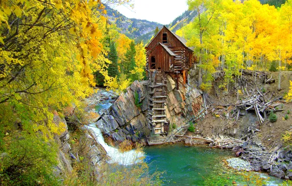 Картинка осень, лес, деревья, горы, река, камни, скалы, сша