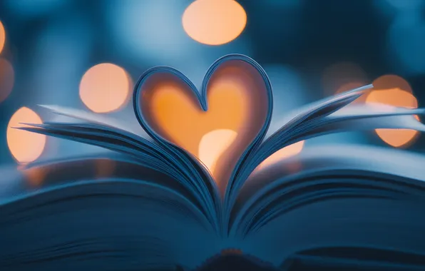 Любовь, огни, праздник, сердце, книга, сердечко, синий фон, страницы