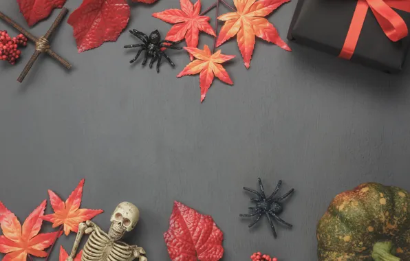 Осень, листья, фон, дерево, подарки, Хеллоуин, halloween, wood