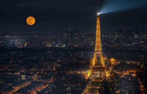 Огни, луна, Франция, Париж, панорама, Эйфелева башня, Paris, ночной город
