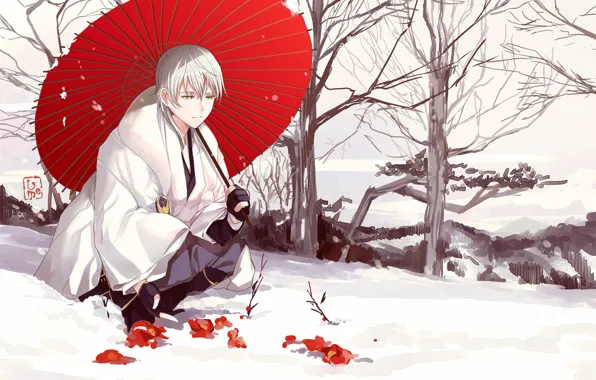 Снег, зонт, аниме, арт, парень, Touken ranbu
