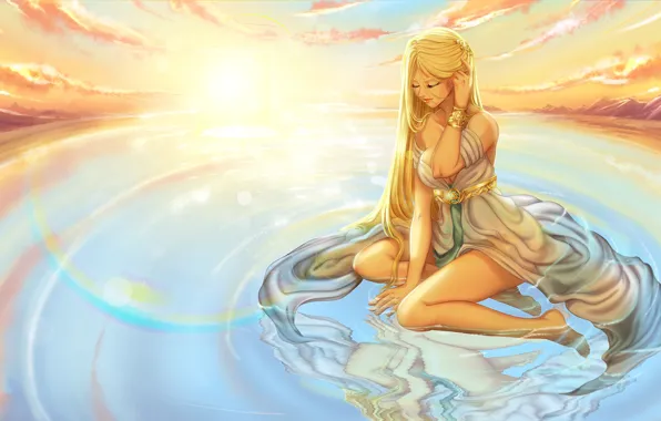 Вода, девушка, закат, The Legend of Zelda: Breath of the Wild, круги на воде