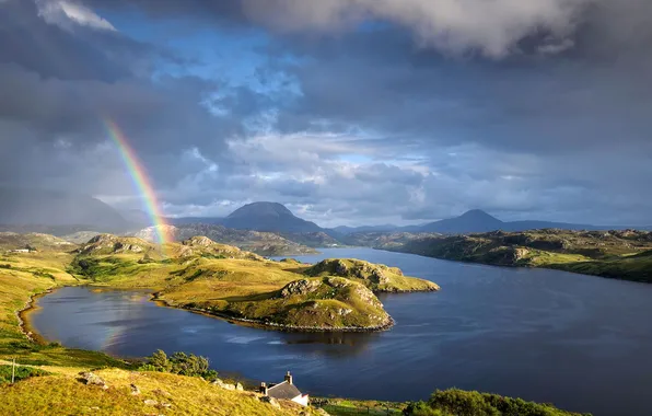 Горы, тучи, природа, радуга, Шотландия, озеро Инчард, северо-западное нагорье