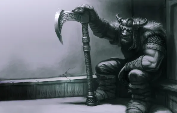 Картинка оружие, воин, рога, шлем, сидит, викинг, viking