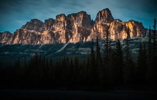 Картинка небо, деревья, закат, горы, природа, скалы, Banff National Park, Canada