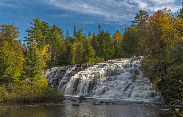 Картинка осень, лес, деревья, река, водопад, Мичиган, каскад, Michigan