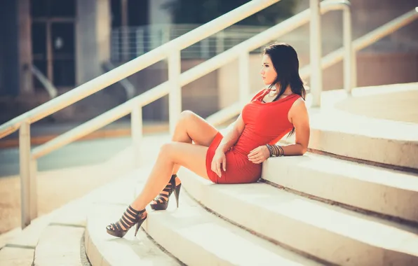 Girl, Red, Model, Emily, Dress, Sitting, Stairs