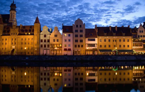 Картинка city, lights, wall, twilight, river, sky, water, night