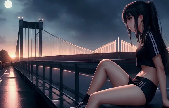 Girl, rain, bridge