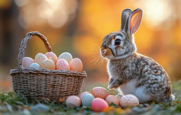 Взгляд, свет, природа, серый, праздник, поляна, заяц, яйца