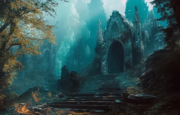 Осень, лес, свет, деревья, туман, камни, замок, скалы