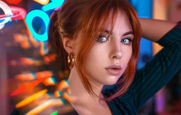 Картинка girl, Model, photo, blue eyes, bokeh, lips, face, redhead