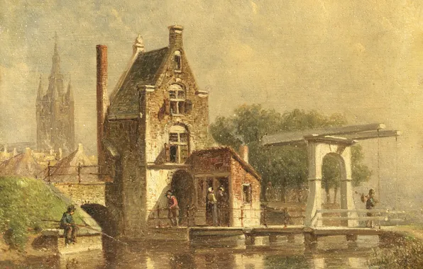 Масло, картина, 1892, Петрус Герард Вертин, Petrus Gerardus Vertin, Ворота Koepoort в Делфте