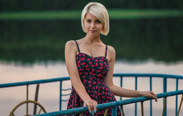 Простота, ограждение, водоем, боке, красивая блондинка, девушка в сарафане