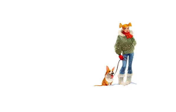 Картинка зима, девушка, снежинки, собака, шарфик, хвостики, белизна